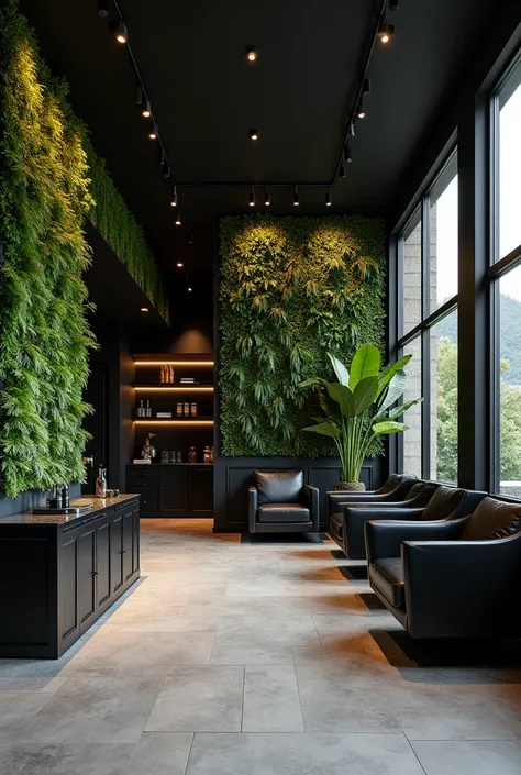 Beauty salon considering vertical garden and black furniture, Consider cash for payment and space for coffee 