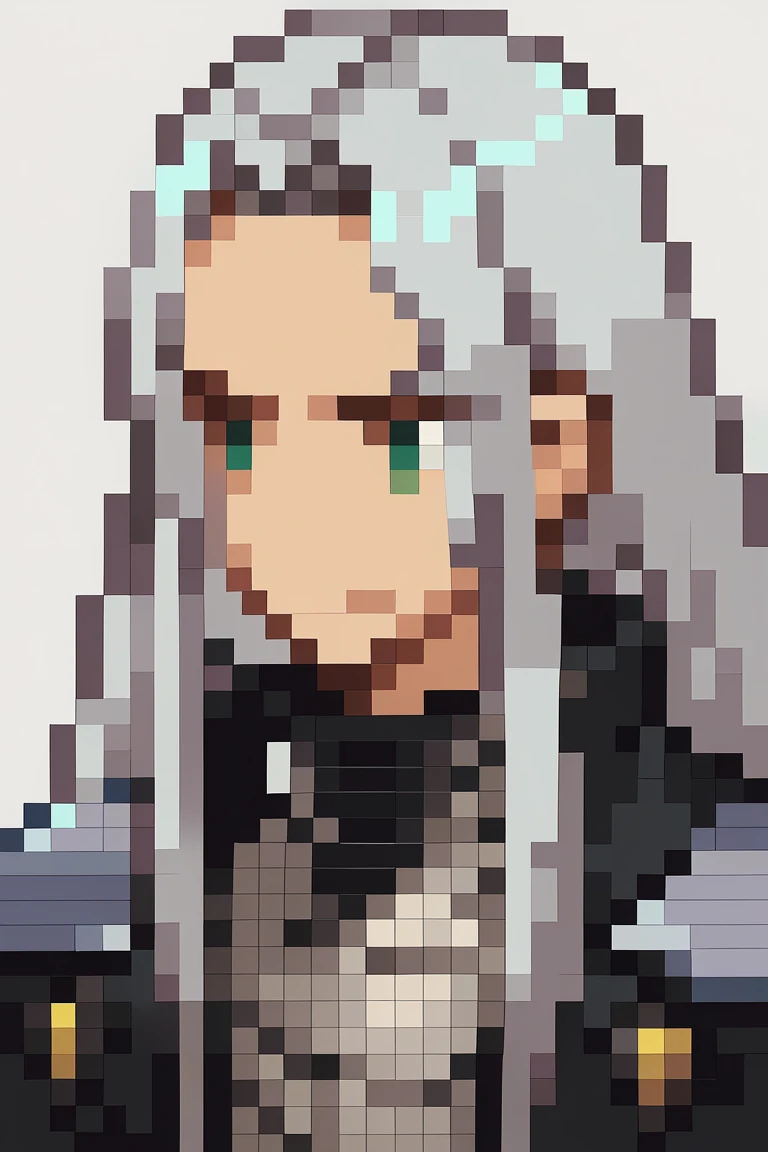 score_9, score_8_up, score_7_up, source_anime, BREAK, solo, 1boy,  smirk, simple background, portrait, pixel art,  sephiroth, official outfit grey hair, long hair, very long hair, parted bangs, armor, open clothes, shoulder armor, long sleeves, pectorals, ...