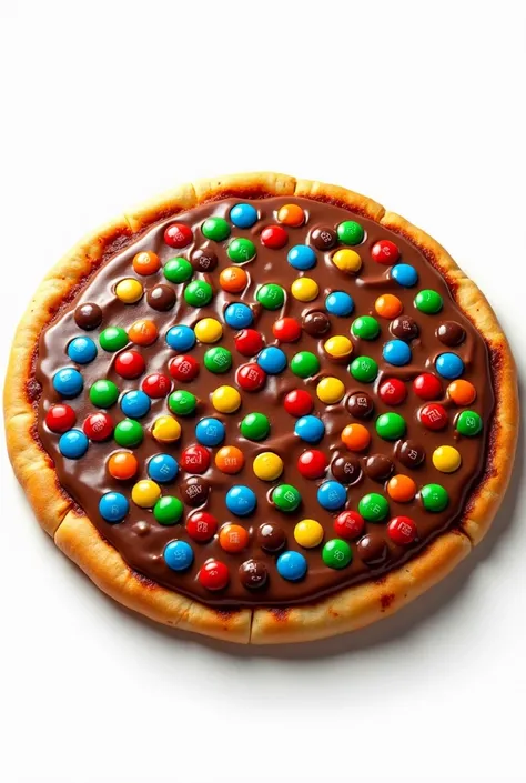 A whole Nutella pizza covered with a generous layer of melted hazelnut spread, evenly spread over the dough. On top, an abundance of colorful M&M's is scattered randomly, creating a vibrant contrast against the rich brown chocolate base. The golden crust i...