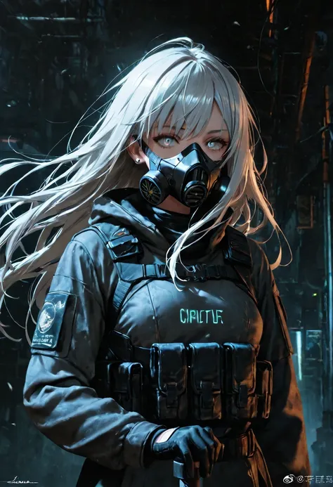 Create a highly detailed illustration of Cha Hae-in from Solo Leveling standing at the center of the frame. She wears a sleek tactical respirator that contours her face without covering her piercing eyes or silver-white hair. The atmosphere is dark and gri...