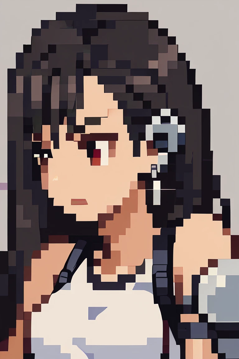 score_9, score_8_up, score_7_up, source_anime, BREAK, solo, 1girl,  simple background, portrait, pixel art, defTif, red eyes, black hair, low-tied long hair, earrings, white sports bra, black suspenders, elbow pads,