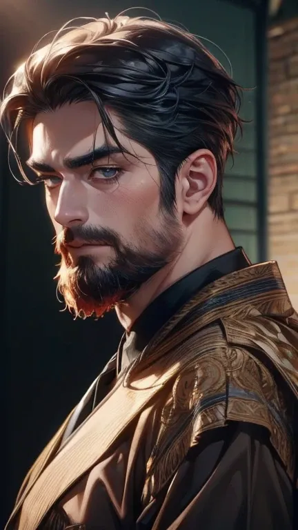 (       ,4K,8k,       highres,       masterpiece :1.2),       ultra-detailed    ,(realistic,photorealistic,photo-realistic:1.37),36-year-old man,3 day beard,Beautiful anime,Portraits,strong,Masculine,        with black hair  ,sharp jaw,             mesmeri...