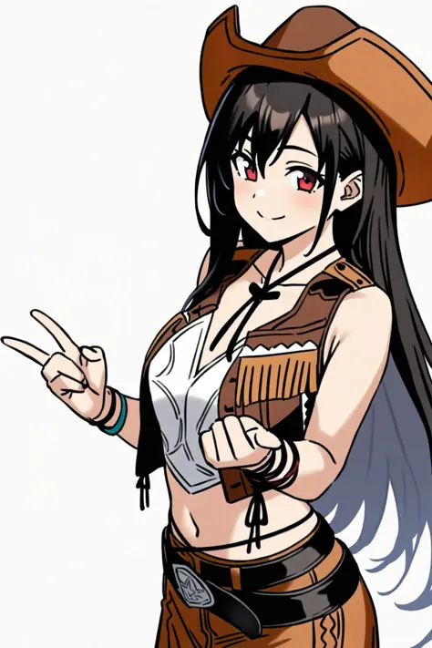 best quality, amazing quality, very aesthetic, absurdres,
1girl, tifacogi, black hair, long hair, bangs, red eyes,
cowboy hat, brown cropped vest, sleeveless, bare shoulders,
belt, bracelet, brown skirt, midriff, navel,
smile, upper body, looking at viewer...