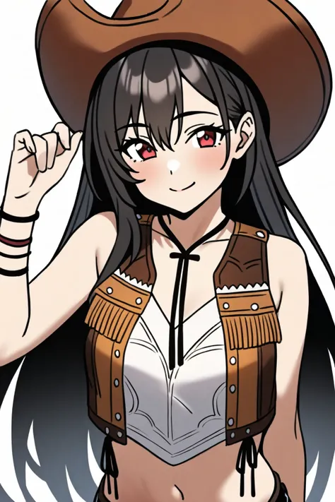 best quality, amazing quality, very aesthetic, absurdres,
1girl, tifacogi, black hair, long hair, bangs, red eyes,
cowboy hat, brown cropped vest, sleeveless, bare shoulders,
belt, bracelet, brown skirt, midriff, navel,
smile, upper body, looking at viewer...