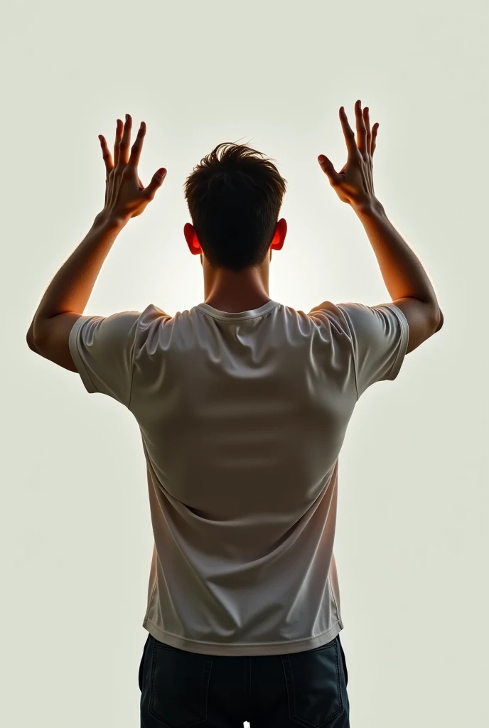 A young man gives his back to the camera while raising his hands as if he is surprised by the one in front of him