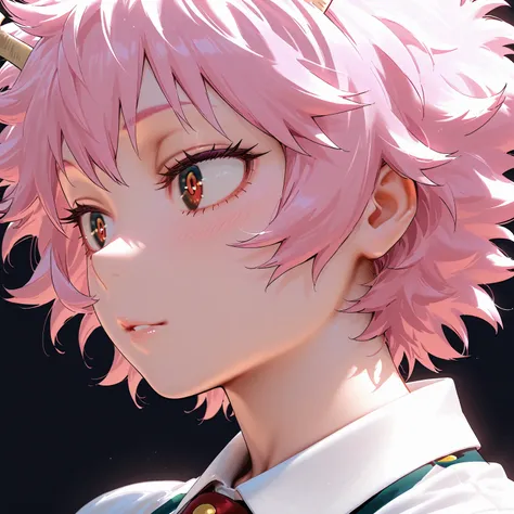  Close-up from waist to head:
Mina Ashido "my hero academia".
 Simple black background.
32K, HDR, UHD. 