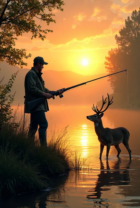 I want a picture where there will be a fisherman throwing a rod and a hunter who points a gun at a deer at sunset