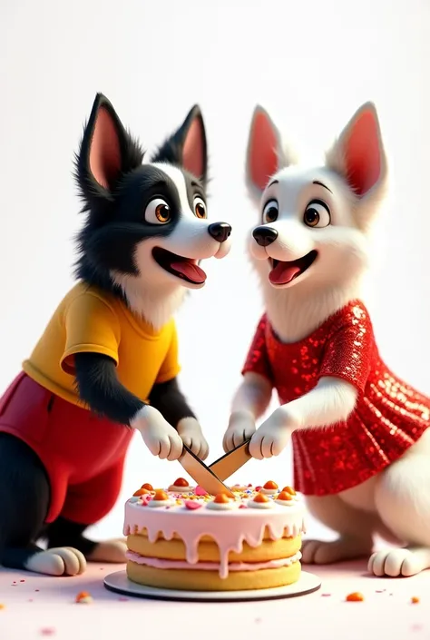 A black Border Collie dog wearing red pant and yellow shirt celebrates happy birthday a white Border Collie dog wearing sequin red party dress cutting cake