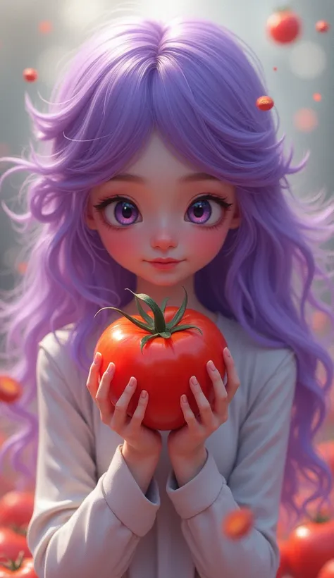  purple hair holding a tomato 