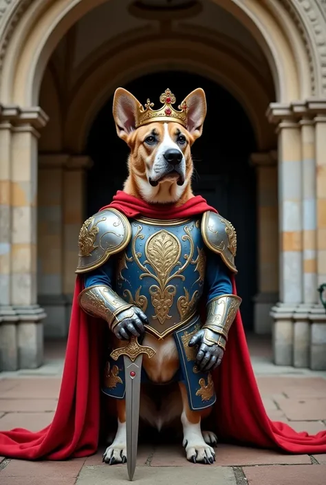 a Cane Corso dressed as a medieval king, standing proudly in a grand stone archway. The dog wears a golden crown adorned with red jewels, a red cape, and ornate blue and gold armor with intricate engravings. It holds a small sword in its paw, exuding a nob...