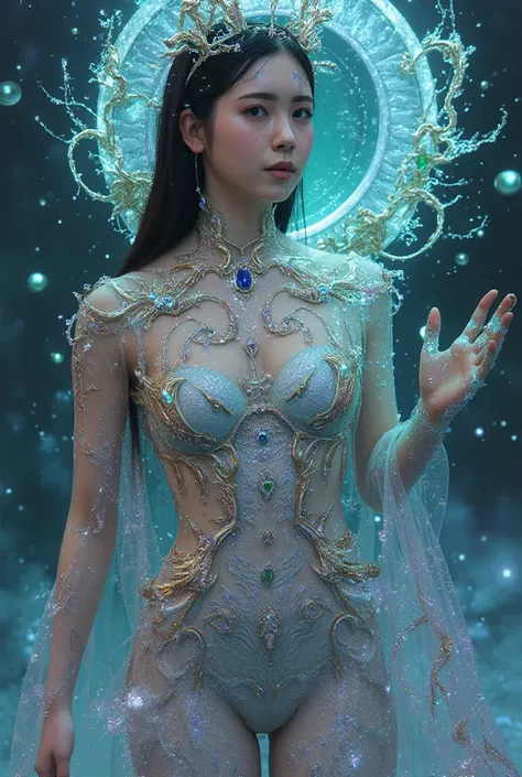 She is indescribable beautiful, ethereal, electrical effects,  her skin has chameleonic properties, cuttlefish and octopus,  flowers earth butterflies birds., you don't need clothes or jewelry or create them with the elements of your environment, A strange...