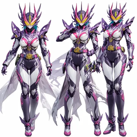 Top quality, solo, full body, standing, from front,looking at viewer, white background. no human features,An Alien-like female humanoid monster,large breasts,glamourous,non-human features,no human face,fully Alien,chitinous armor,wearing a transformation b...