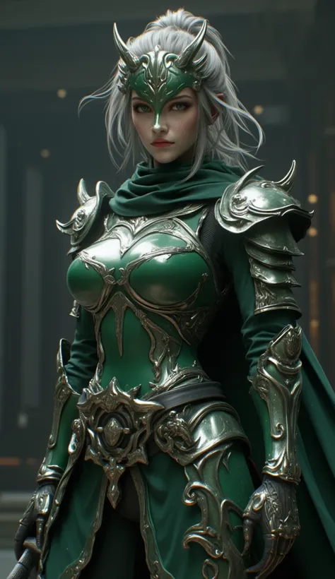 ((unreal engine 5)), realistic rendering, amazing, (Full green Armored Body), (cloak), (Helmet), looking at the camera, Standing in the studio, Handsome face, makeup, CGI Mix, (Photorealism:1.2), Ultra realistic UHD face, Slim waist, hourglass body shape, ...