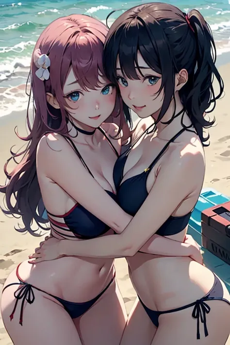 2girls:  Iroha Isshiki, Miku Nakano, 2 people, beach, hug, bikini, beautiful girl, bright blue eyes, very dangerous sheer swimsuit, naughty seductive smile, nice body, chica has messy hair