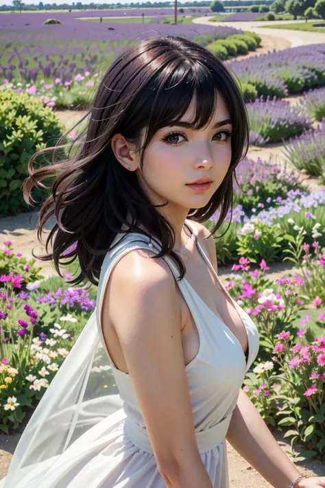 ((ultra detailed, masterpiece, absurdres))
 FF8Rinoa, 1girl, black hair, looking at viewer, lavender field, midday, bright and vibrant with a sea of purple blooms