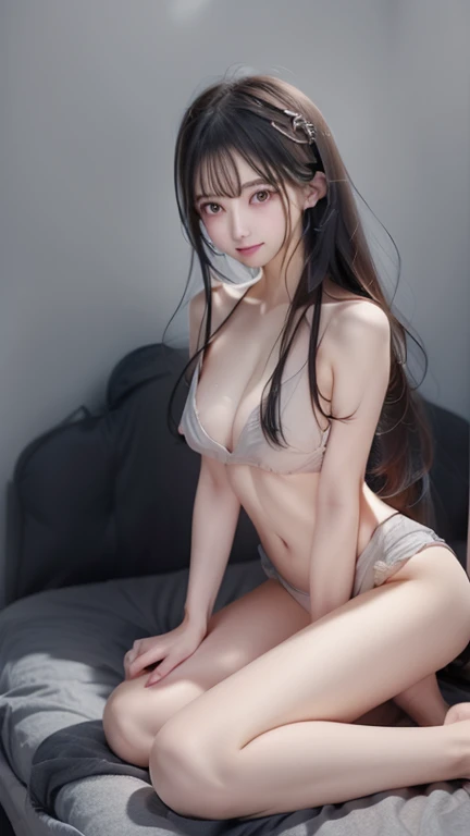 Anime woman sitting on mattress wearing nightgown, a face full of sweat as well as a seductive gaze, without wearing underwear.