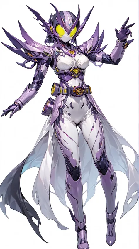 Top quality,1girl,  solo, full body, standing, from front,looking at viewer, white background. no human features,An Alien-like female humanoid monster,large breasts,glamourous,non-human features,no human face,fully Alien,chitinous armor,wearing a transform...