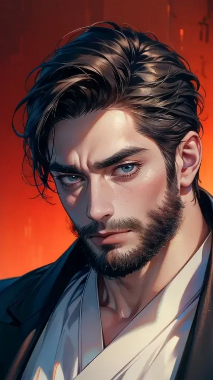 (       ,4K,8k,       highres,       masterpiece :1.2),       ultra-detailed    ,(realistic,photorealistic,photo-realistic:1.37),36-year-old man,3 day beard,Beautiful anime,Portraits,strong,Masculine,        with black hair  ,sharp jaw,             mesmeri...