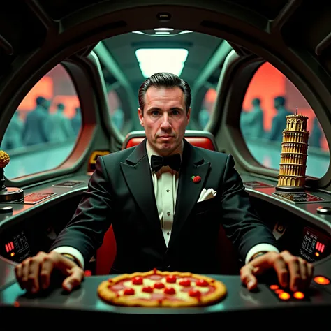 deep space, an Italian themed pizza Restuarant cockpit of a space ship with a man dressed like a mobster in the cockpit pushing buttons,facing the camera