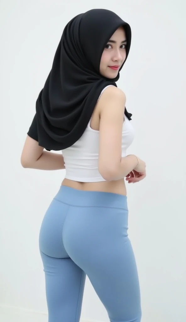 Pretty asian girl wear black hijab and wearing tight light blue leggings, Plump and short body, round shaped buttock, side view, view from side rear, accentuated your buttock, bubble buttocks, large breasts, wearing white tank top, turn her body facing the...