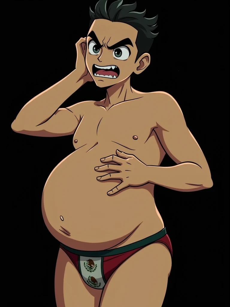 anime angry young mexican pregnant guy of  with a big pregnant belly showing off his belly, pregnant teen boy! Latino, front pose, pregnant of nine months!!, belly round and cool,wearing a red leather jacket, handsome anime pose bare belly, his belly is fr...