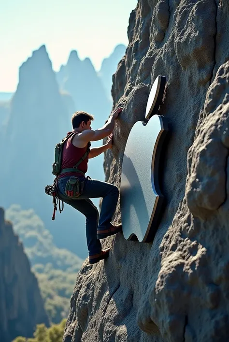 Man climbing on rock which is similar the big iPhone apple logo in Amazon 