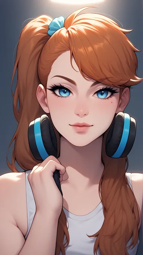 (Absurdo, alto, ultra detallado), background gamer room, orange hair, Pechos, Cabello largo, Ahoge, gamertech, neon, gamer, long hair, blue eyes, sidelocks, brown hair, side ponytail, swept bangs, hair tie