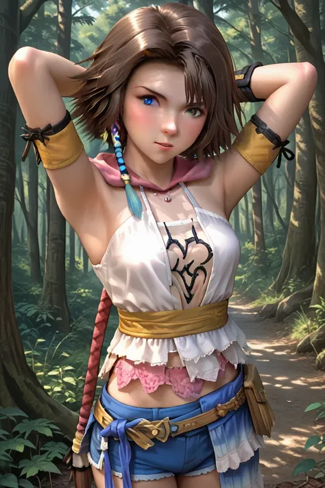 score_9, score_8, score_7, break, solo, yuna_x2, 1girl, brown hair, short hair, heterochromia, armband, shirt, shorts cute, blush, looking at viewer, hands behind head, standing, forest, natural lighting, pupils