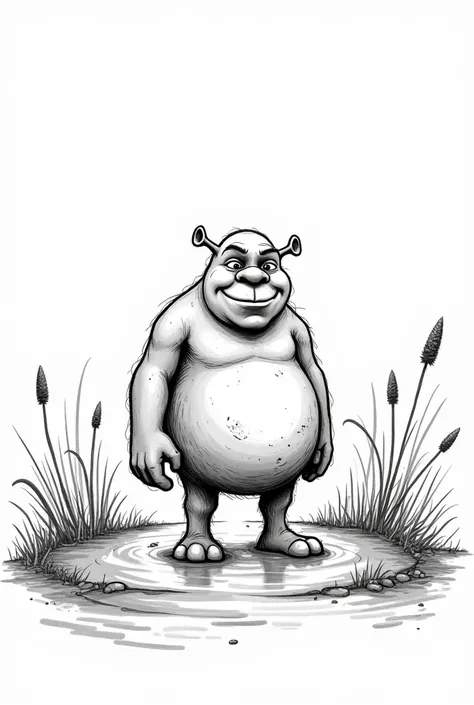 Make me Shrek in the mud swamp drawing but! Black and white and thinnn lines , don’t to it realistically, no shadows just lines