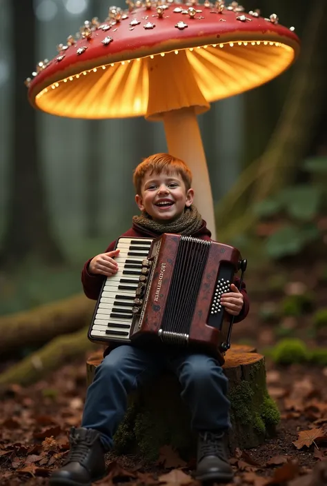 An ultra-realistic photograph, as if taken by a professional photographer create a boy is joyfully holding a full-sized, realistic accordeon, as if playing it, sitting on wooden stump under a realistic detail glow toadstool in a magical forest.