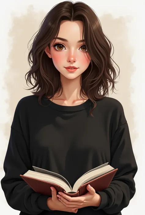 Create for me a feminine image realistic drawing. Who has medium size dark brown hair,  brown eyes , A perfect small nose, that is smiling, a well-drawn face, thin,  that you are dressed in comfortable clothing, specifically a black sweatshirt, That you ar...