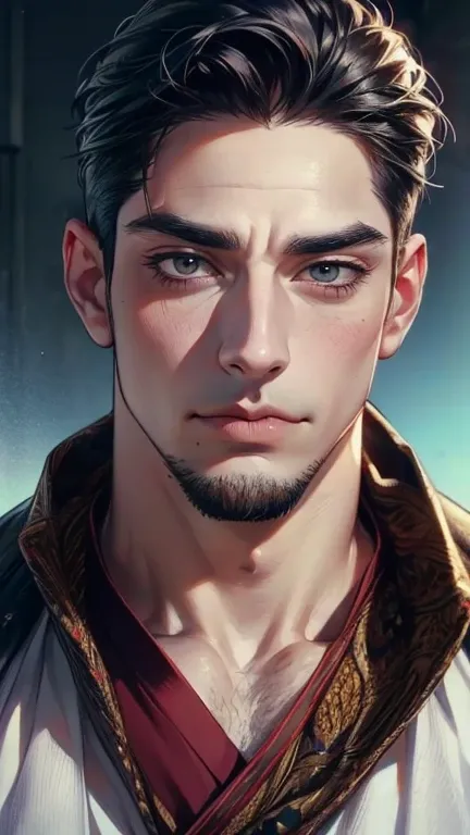 (       ,4K,8k,       highres,       masterpiece :1.2),       ultra-detailed    ,(realistic,photorealistic,photo-realistic:1.37),36-year-old man,3 day beard,Beautiful anime,Portraits,strong,Masculine,        with black hair  ,sharp jaw,             mesmeri...