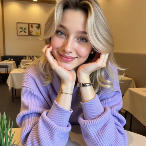 Young woman with light blonde hair, leaning head on hands, smiling. Caucasian ethnicity, likely in her late teens or early twenties.  Casual, relaxed pose.  Wearing a light purple, ribbed knit sweater, possibly a cashmere blend.  Light-colored, gold-toned ...