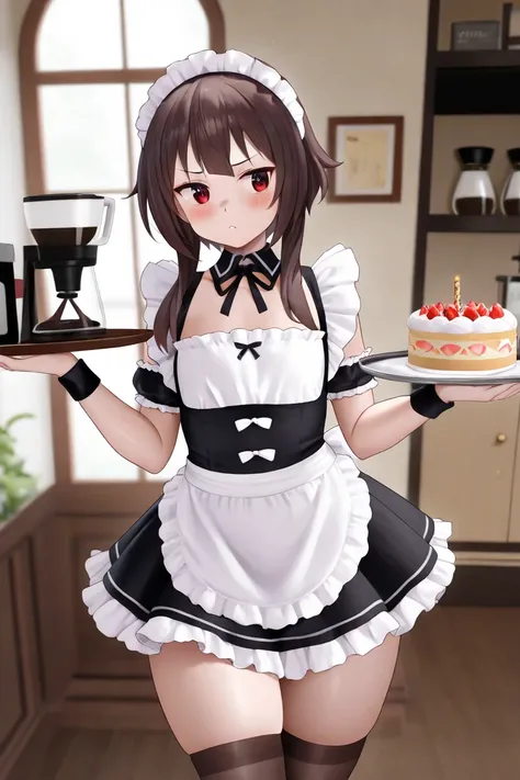 megumin,white skin,  red eyes, dressed as a maid,fly away,Japanese, curvy body, master piece, holding a tray with cakes,4K,  High Definition, coffee maker 