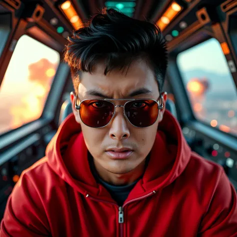 deep space, close up of an asian man in a red track suit and sunglasses in a space ship cockpit, you can see explosions through the reflection of his glasses