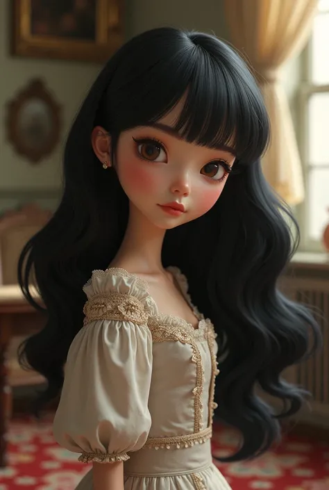 I designed a short-haired, Victorian-era animated girl character with long, flowing, black hair