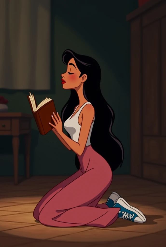  Create character animation Disney filter,  Kneeling Woman ,  with long hair, plain and color black ,  raised eyebrows, pele morena,  wearing a long pink skirt , wearing blue sneakers  ,reading a brown book ,  Eyes closed , in prayer , in a room with low l...