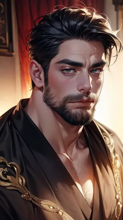 (       ,4K,8k,       highres,       masterpiece :1.2),       ultra-detailed    ,(realistic,photorealistic,photo-realistic:1.37),36-year-old man,3 day beard,Beautiful anime,Portraits,strong,Masculine,        with black hair  ,sharp jaw,             mesmeri...