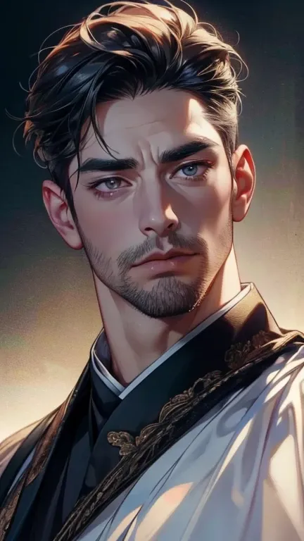 (       ,4K,8k,       highres,       masterpiece :1.2),       ultra-detailed    ,(realistic,photorealistic,photo-realistic:1.37),36-year-old man,3 day beard,Beautiful anime,Portraits,strong,Masculine,        with black hair  ,sharp jaw,             mesmeri...