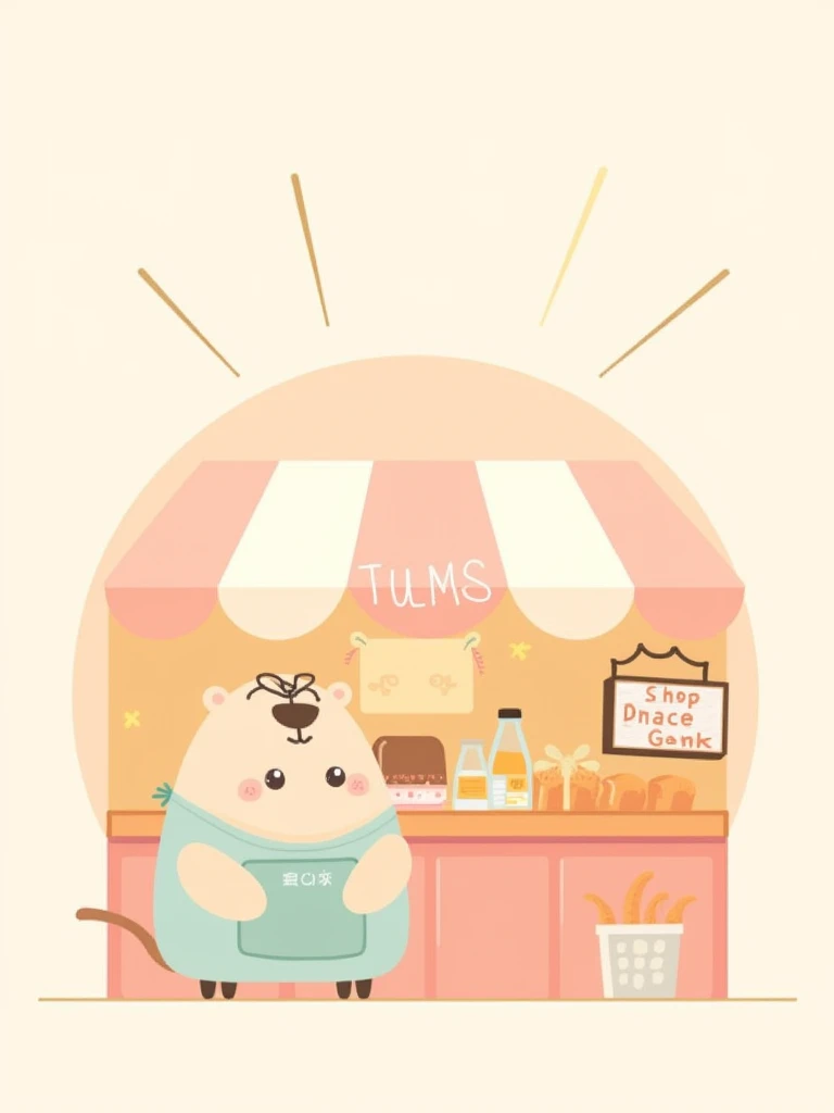 Create a minimalist kawai-style drawing of an entrepreneurial capybara with his store. The image must have an animated and friendly style 