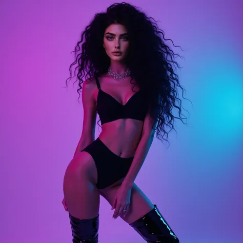  THIN WHITE YOUNG WOMAN , long curly hair voluminous long black, blue eyes ,  in a pop diva outfit , Pop singer ,  wearing the boot of a pop diva , posing as a dynamic professional model , with purple and neon green background