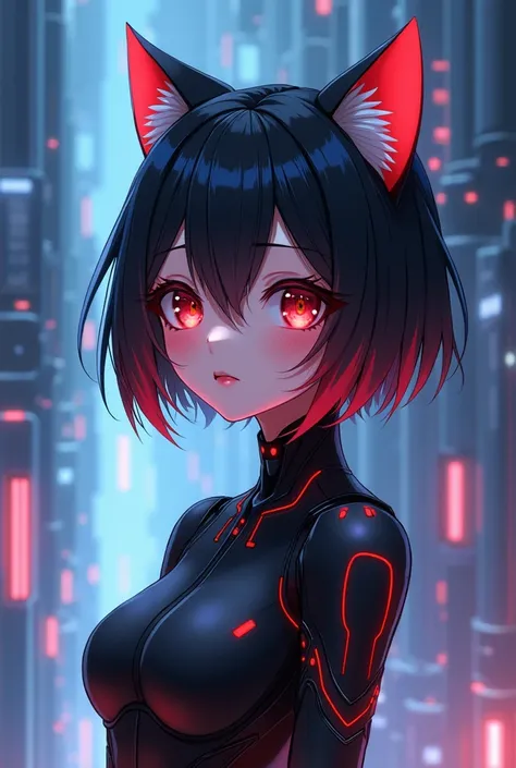 anime, score_9, score_8_ upwards, score_7_ upwards,  eastnik_anime, fantasy,  1girl,  short hair,  heterochromia ,  Red eye , blue eyes ,  black hair,  red hair , android,  cat ears,  Science fiction,  futuristic 