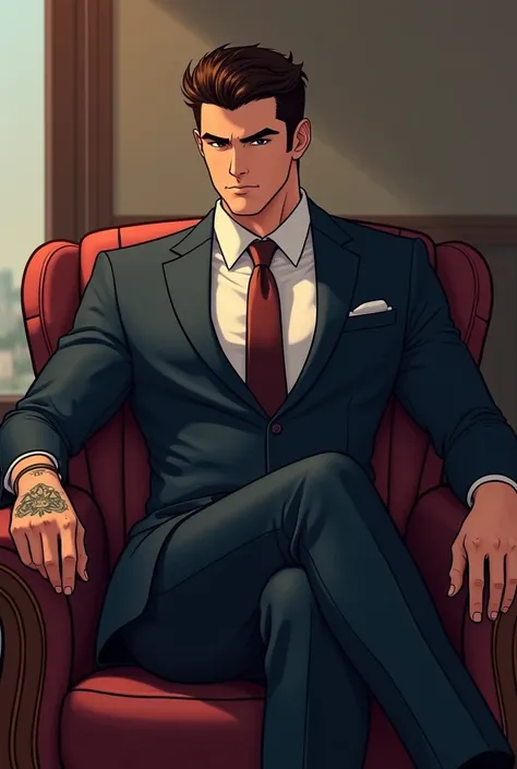 (photorealism:1.2), handsome man, wearin suit, has tattoos, brunette, short hair,looking like he is in his late 20s, half muscular, sittin in a office in a relaxed position, mafia, make it in webtoon style