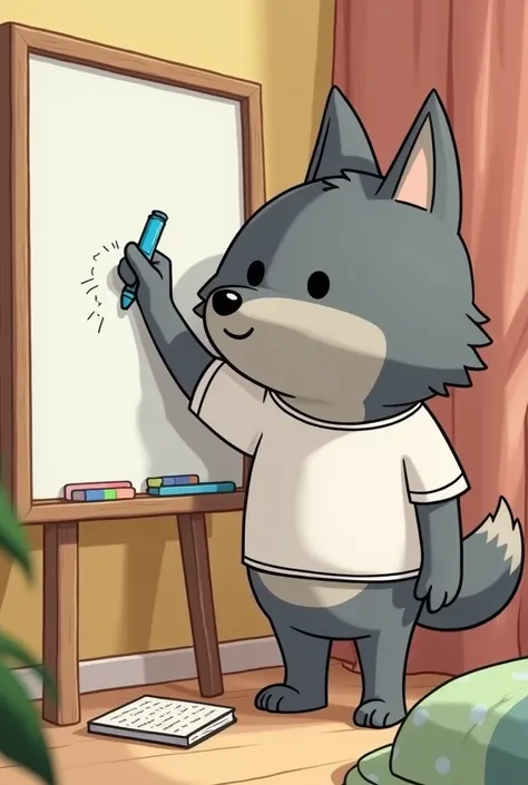 Make a gray wolf writing on a white board with a blue marker. He wears a white T-shirt and a black panda. He smiles and he is happy. At the other side of the room there is a bed and there a fox read a book. She is cute and girly and she wears a yellow dres...