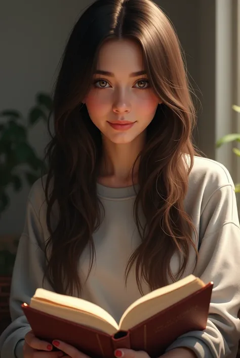  create for me a realistic female character, with dark brown hair, long and straight,  brown eyes , well-defined nose and face, a beautiful smile,  without makeup that is dressed in comfortable clothing such as a sweatshirt and that has or is reading a boo...