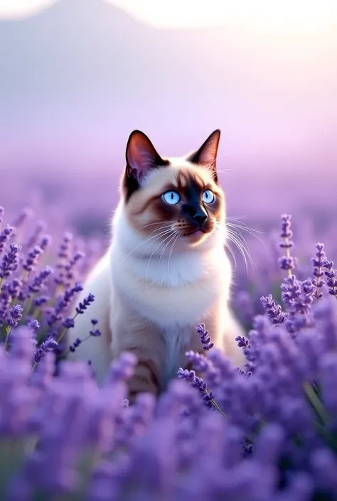 Longhair Siamese cat in a lavender field