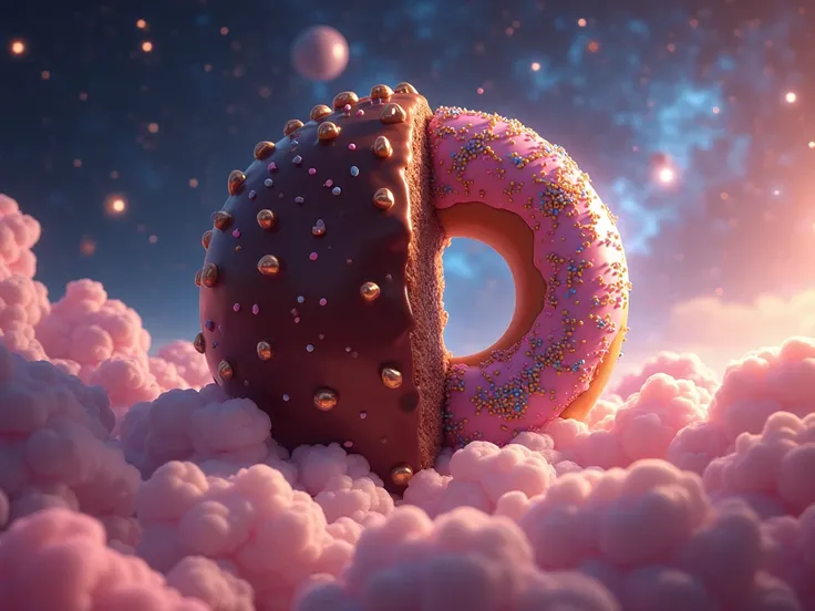  horizontal image, space, galaxies, Round planet ,  animated, colorful, rainbow, Half chocolate, Half donuts, epic,  pofilm ,  film grain