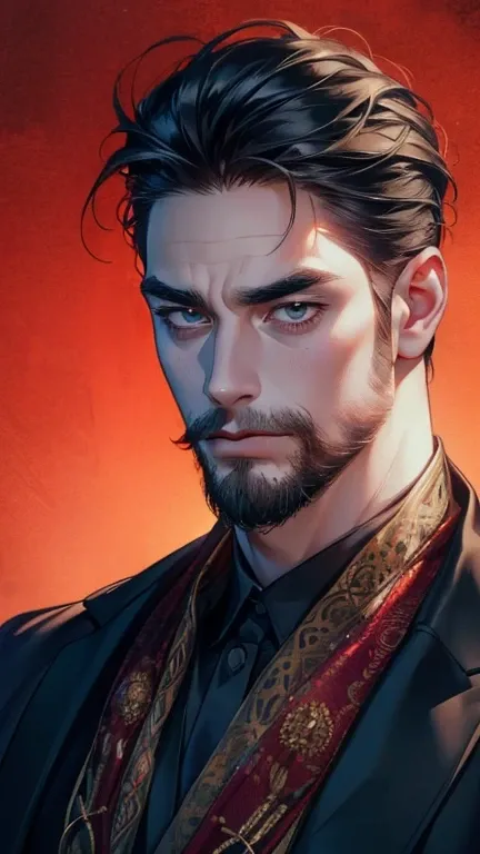 (       ,4K,8k,       highres,       masterpiece :1.2),       ultra-detailed    ,(realistic,photorealistic,photo-realistic:1.37),36-year-old man,3 day beard,Beautiful anime,Portraits,strong,Masculine,        with black hair  ,sharp jaw,             mesmeri...