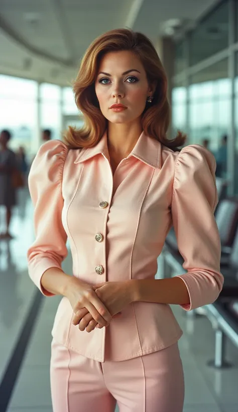 A tall, striking woman with gold-brown hair stands confidently at an airport. She is dressed in a light pink button-down collar jacket, which features exaggerated puffy shoulder and three-quarter sleeves. Her hands are clasped together in front of her, and...