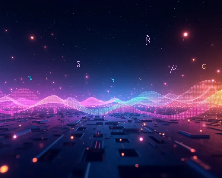 A dynamic, futuristic digital artwork depicting the fusion of artificial intelligence and music. A vibrant, glowing soundwave in neon colors (blue, purple, pink, and gold) flows horizontally across the scene, symbolizing various music genres. The backgroun...